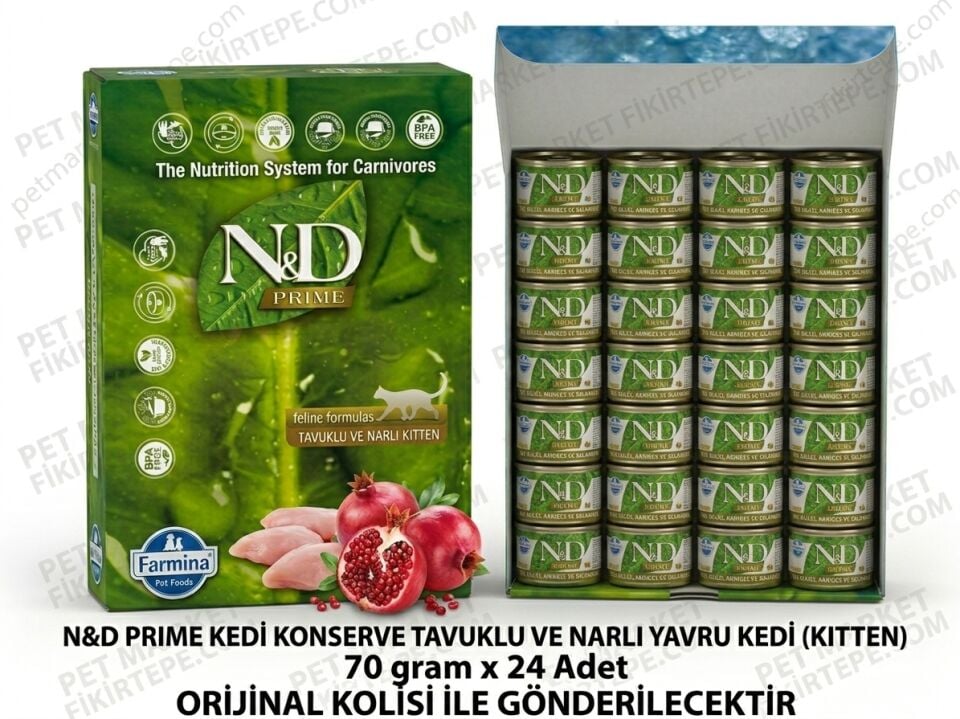 n&d yavru kedi konservesi Prime Kitten Tavuk Nar 70 gr 24'lü Koli